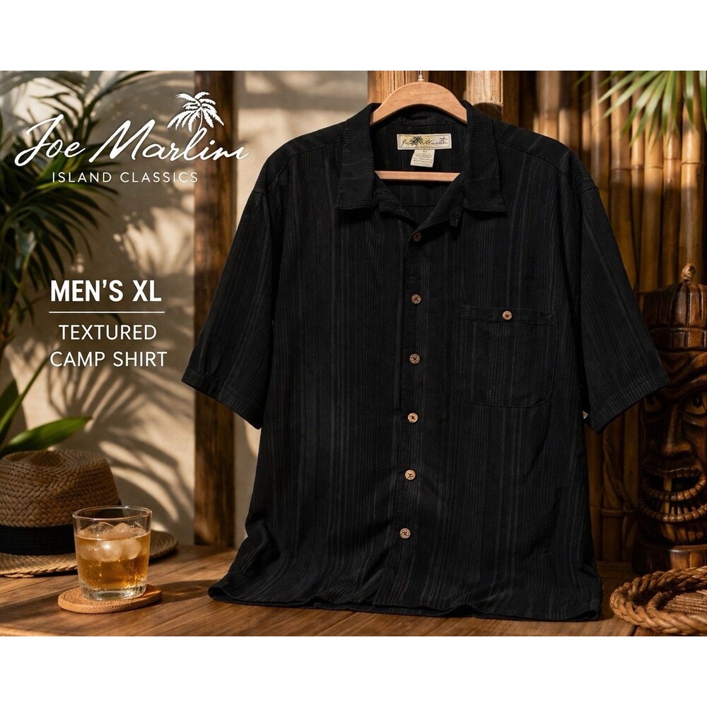 Joe Marlin Black Size XL Button Up Hawaiian Textured Palm Tree Camp Shirt